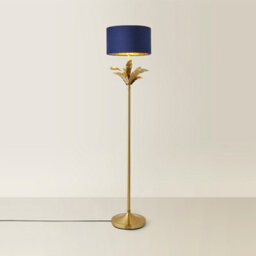 Valuelights Christina Navy Blue Velvet With Gold Inner Drum Shade Gold Palm Leaf Floor Lamp