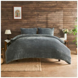 Home Luxe Interiors Plush Faux Fur Chunky Ribbed Charcoal Bedding Duvet Cover Set - thumbnail 1