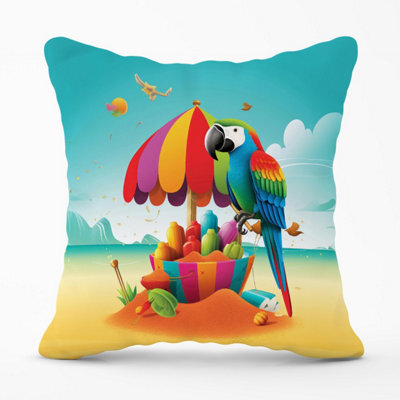 Warren Reed Designer Parrot On A Beach Holiday Outdoor Cushion 45Cm X 45Cm - image 1