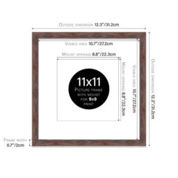 "11X11"" Walnut Picture Frame - 11X11"" Square Frame With 9X9"" Mount For 11X11""/9X9"" Pictures Moderrn Style Thin Edge, 1 Pack" - thumbnail 2
