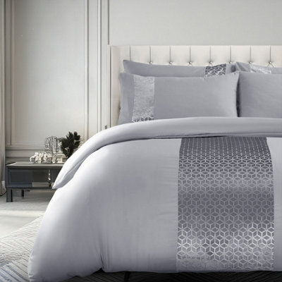 Velosso Elegant Foil Printed Duvet Cover & Pillowcase Set, Luxury Bedding, Modern Bed Covers With Stylish Geometric Pattern, - Silver
