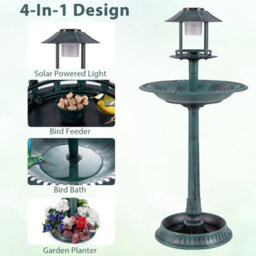 Costway Garden Solar Lighted Bird Bath Pedestal Bird Feeder W/ Flower Planter Base - thumbnail 3