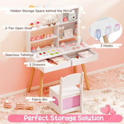 Gainoom Kids White Vanity Set Pretend Play Dressing Table Set W/ 3-Color Lighting Modes - thumbnail 9