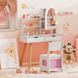 Gainoom Kids White Vanity Set Pretend Play Dressing Table Set W/ 3-Color Lighting Modes - thumbnail 4