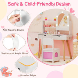 Gainoom Kids White Vanity Set Pretend Play Dressing Table Set W/ 3-Color Lighting Modes - thumbnail 5