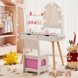 Gainoom Kids White Vanity Set Pretend Play Dressing Table Set W/ 3-Color Lighting Modes - thumbnail 3