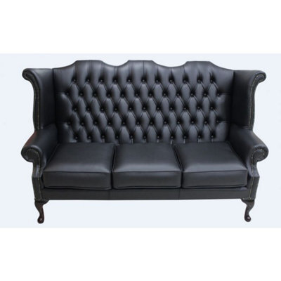 Chesterfield 3 Seater High Back Wing Sofa Shelly Black Leather In Queen Anne Style - image 1