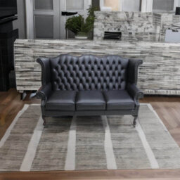 Chesterfield 3 Seater High Back Wing Sofa Shelly Black Leather In Queen Anne Style - thumbnail 4