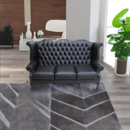 Chesterfield 3 Seater High Back Wing Sofa Shelly Black Leather In Queen Anne Style - thumbnail 5