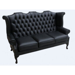 Chesterfield 3 Seater High Back Wing Sofa Shelly Black Leather In Queen Anne Style - thumbnail 3