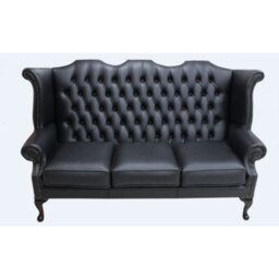 Chesterfield 3 Seater High Back Wing Sofa Shelly Black Leather In Queen Anne Style - thumbnail 1