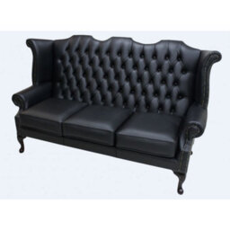Chesterfield 3 Seater High Back Wing Sofa Shelly Black Leather In Queen Anne Style - thumbnail 2