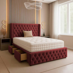 Slumbre Chesterfield Plush Velvet Divan Bed, Winged Headboard, Mattress & Footboard - 3Ft Single - Burgundy - 0 Drawers