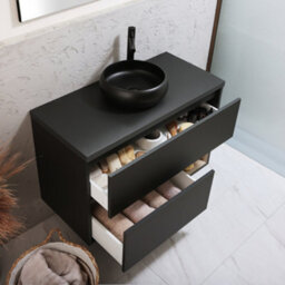 Homestylestore Black Grey 1000mm Led Lit Wall Hung Bathroom Vanity Unit With Round Countertop Basin And Graphite Basin - thumbnail 2