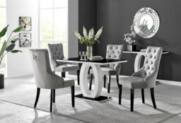 Furniturebox Giovani Rectangular 4 Seat White High Gloss Unique Halo Dining Table Black Glass Top 4 Grey Velvet Black Leg Belgravia Chairs