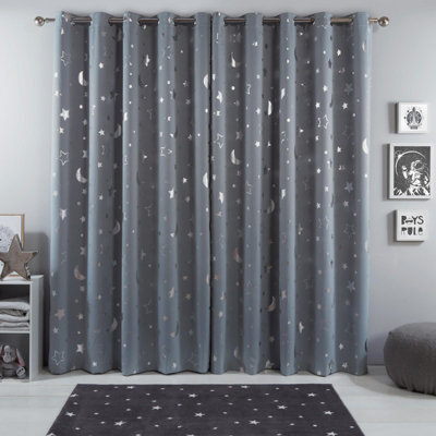 "Ohs Galaxy Star Thermal Blackout Curtains Pair Of Eyelet Ring Top Ready Made Panels Metallic Moon - Silver Grey, 46"" X 54""" - image 1