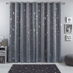 "Ohs Galaxy Star Thermal Blackout Curtains Pair Of Eyelet Ring Top Ready Made Panels Metallic Moon - Silver Grey, 46"" X 54""" - thumbnail 1