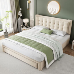 Matteo Luxurious Double Upholstered Bed 135X190Cm With Large Storage And Headboard, Cream Velvet Fabric - thumbnail 5
