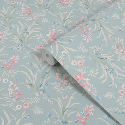 Laura Ashley Duck Egg & Pink Mosedale Posy Patterned Smooth Wallpaper - image 1