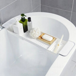 White Bath Rack Extendable Over Bath Tub Caddy Plastic Organizer Tray Bathroom Tidy - thumbnail 5