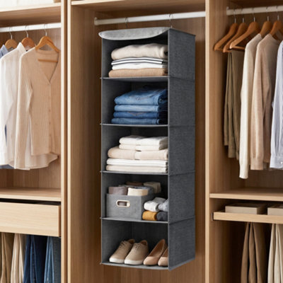 Songmics Closet Hanging Shelves, Foldable Clothes Storage Organiser With Bamboo Inserts, Space-Saving, Metal Hooks, For Wardrobe, Grey - image 1