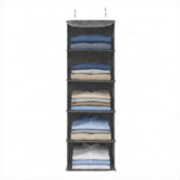 Songmics Closet Hanging Shelves, Foldable Clothes Storage Organiser With Bamboo Inserts, Space-Saving, Metal Hooks, For Wardrobe, Grey - thumbnail 3