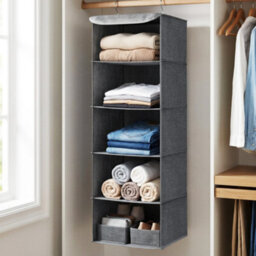 Songmics Closet Hanging Shelves, Foldable Clothes Storage Organiser With Bamboo Inserts, Space-Saving, Metal Hooks, For Wardrobe, Grey - thumbnail 5