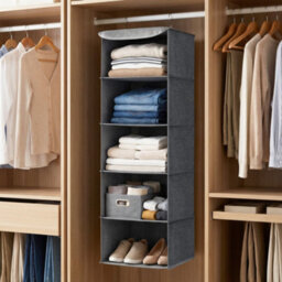 Songmics Closet Hanging Shelves, Foldable Clothes Storage Organiser With Bamboo Inserts, Space-Saving, Metal Hooks, For Wardrobe, Grey - thumbnail 1