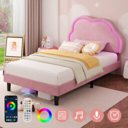 Btm 3Ft Single Upholstered Bed With Led Cloud Headboard Velvet Frame Solid Wood Slats Pink No Mattress