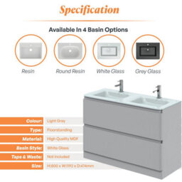 Plum&clay Marvel Gloss Light Grey Floor Standing Bathroom Vanity Unit With White Glass Basin (W)1200mm - thumbnail 4