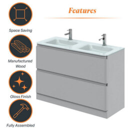 Plum&clay Marvel Gloss Light Grey Floor Standing Bathroom Vanity Unit With White Glass Basin (W)1200mm - thumbnail 5