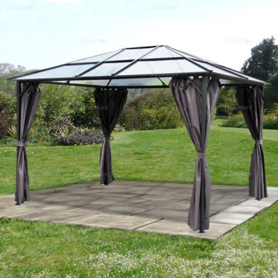 Metal Gazebo With Polycarbonate Roof And Side Curtains, Grey, 10'x12' (3.0X3.6M) Overall - image 1