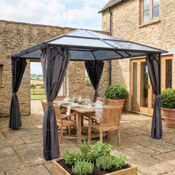 Metal Gazebo With Polycarbonate Roof And Side Curtains, Grey, 10'x12' (3.0X3.6M) Overall - thumbnail 3