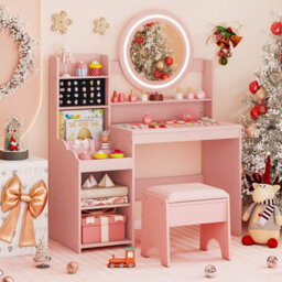 Gainoom Kids Pink Vanity Desk With Mirror And Lights Princess Pretend Play Dressing Table Set Children Makeup Table Set - thumbnail 4