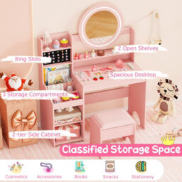 Gainoom Kids Pink Vanity Desk With Mirror And Lights Princess Pretend Play Dressing Table Set Children Makeup Table Set - thumbnail 7