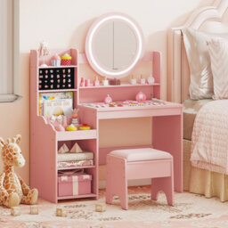 Gainoom Kids Pink Vanity Desk With Mirror And Lights Princess Pretend Play Dressing Table Set Children Makeup Table Set - thumbnail 5
