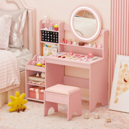 Gainoom Kids Pink Vanity Desk With Mirror And Lights Princess Pretend Play Dressing Table Set Children Makeup Table Set - thumbnail 3