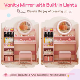 Gainoom Kids Pink Vanity Desk With Mirror And Lights Princess Pretend Play Dressing Table Set Children Makeup Table Set - thumbnail 6