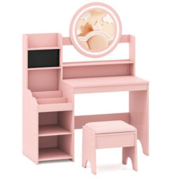 Gainoom Kids Pink Vanity Desk With Mirror And Lights Princess Pretend Play Dressing Table Set Children Makeup Table Set - thumbnail 1