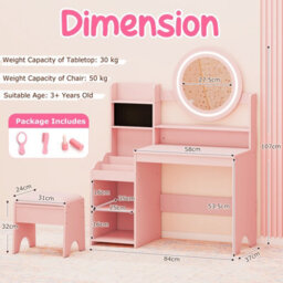 Gainoom Kids Pink Vanity Desk With Mirror And Lights Princess Pretend Play Dressing Table Set Children Makeup Table Set - thumbnail 2