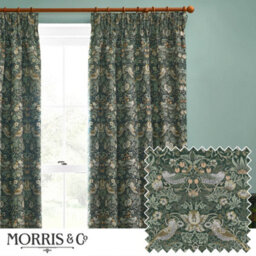 Morris & Co Strawberry Thief Jacquard Jacquard Floral Room Darkening Pencil Pleat Curtain Pair Forest Green (W)168Cm X (D)229Cm