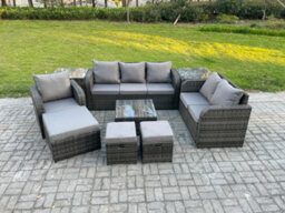 Fimous Rattan Garden Furniture 9 Piece Patio Set With Table Sofa Square Coffee Table Reclining Chair Side 3 Seater Sofa - thumbnail 2