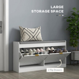 Homcom Shoe Bench With 2 Flip Drawers, Cushion, 8 Pairs For Entryway White - thumbnail 4