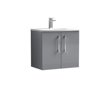 Balterley  Modern Bathroom Wall Hung 2 Soft Close Door Vanity Unit & Curved Basin, Satin Grey, 600mm - image 1
