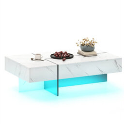 Rectangular Accent Coffee Table With Light 3 Drawers High Gloss White - thumbnail 1