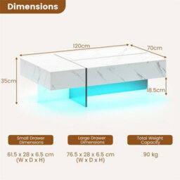 Rectangular Accent Coffee Table With Light 3 Drawers High Gloss White - thumbnail 2