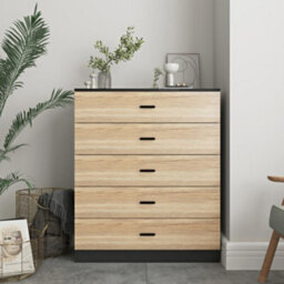 Urbn-Living Urbnliving Height 90.5Cm 5 Drawer Wooden Bedroom Chest Cabinet Modern Black Carcass And Oak Drawers Wide Storage Cupboard Closet - thumbnail 2