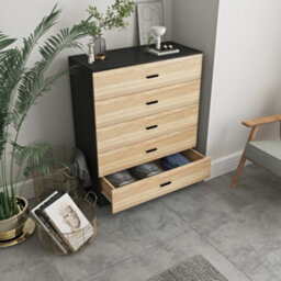 Urbn-Living Urbnliving Height 90.5Cm 5 Drawer Wooden Bedroom Chest Cabinet Modern Black Carcass And Oak Drawers Wide Storage Cupboard Closet - thumbnail 3