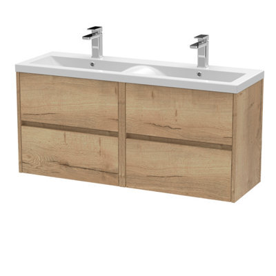 Nuie Havana Wall Hung 4 Drawer Vanity Basin Unit & Double Ceramic Basin, Modern Sink Vanity Unit In Autumn Oak With White Basin - image 1