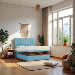 "Knight Sleep Cubed Ottoman Bed Light Blue Plush 3Ft  With Mattress & 24""headboard -Single" - thumbnail 1